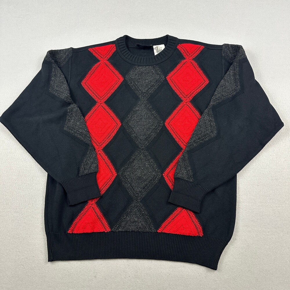 Vintage Carlo Colucci Sweater Men Medium Black Red Argyle 3D Knit Pullover M